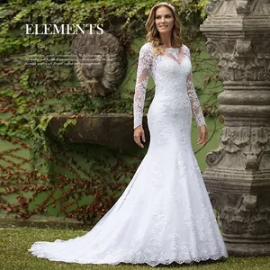 Elegant Lace Wedding Dress Deep V-Neck Mermaid Style Long Sleeves Open Back Bridal Gown With Train