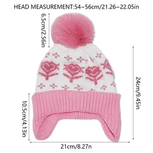 Detailed size chart for children knit ski hat showing head circumference and dimensions
