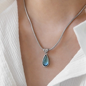 French vintage waterdrop pendant necklace with blue gemstone on silver snake chain