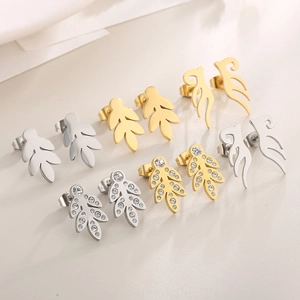 Detailed flat lay of 6 pairs leaf-shaped stainless steel earrings in gold and silver