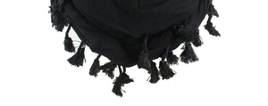 Close-up of black fabric hem with dense fringe details on a men's slouchy satin-lined hat