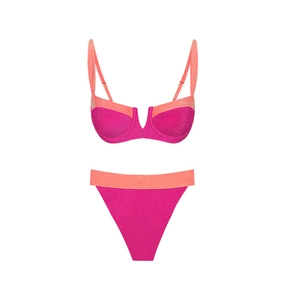 Detail of pink and orange glitter bikini top with underwire V-neck and high-waist bottom