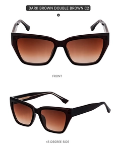 Detailed front and side view of dark brown square sunglasses with gradient lenses