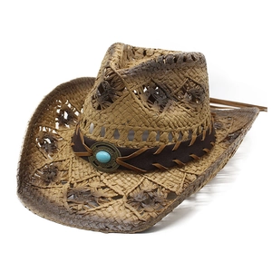 Western Cowboy Straw Hat Hollow Out Wide Brim Breathable Sun Protection Ethnic Style Retro Hat With Turquoise Stone Decor
