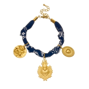 Vintage floral fabric ribbon bracelet with gold-plated sacred heart and embossed charms