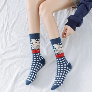 Lolita style mid-calf cat socks featuring navy blue checkers and cute kitten illustration