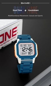 Detail of waterproof digital watch showing WR50M marking and dual time display screen