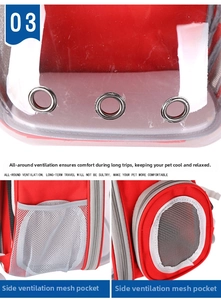 Detail view of the metal ventilation holes and breathable side mesh on this red cat backpack
