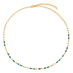 18K gold plated stainless steel necklace with green malachite cylinder beads and clip chain