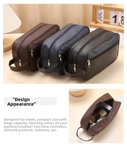 Detail view of large capacity PU leather toiletry bags in brown, navy, and black colors
