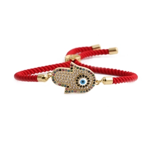 Bracelet cordon rouge Main de Fatma et Mauvais Œil avec plaqué or et zircons