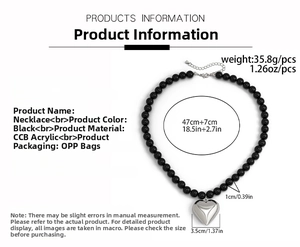 Detailed specs of the black beaded heart pendant necklace with size and weight info