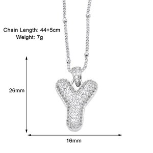 Macro view of silver letter Y pendant necklace with dimensions and specifications