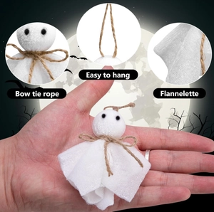 Halloween ghost hanging decorations made of white flannelette with bow ties, 16 pieces set