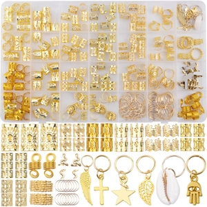 Detailed collection of golden alloy dreadlock accessories with rings and charms