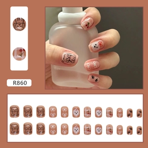Set di 24 unghie finte corte quadrate con motivi di cucciolo e fiocchi colorati