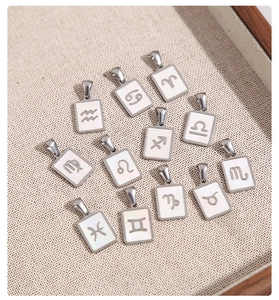 Close-up of twelve square zodiac pendants in silver finish on linen display tray