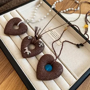 Retro Heart Pendant Necklace Lava Stone With Horse Charms And Faux Artificial Pearls Ethnic Style Bohemian Long Sweater Chain Jewelry For Women