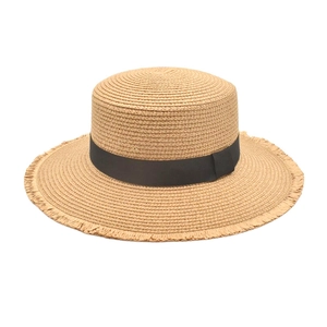 Women Summer Straw Boater Hat Sun Protection Breathable Flat Top Wide Brim With Fringe Edge Black Ribbon Beach Accessories