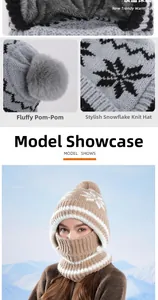 Detail of soft winter knit hat featuring fluffy faux fur pompom and snowflake pattern