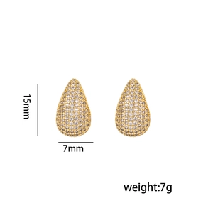 Elegant gold pear-shaped stud earrings with micro-pave crystals, 15mm by 7mm size