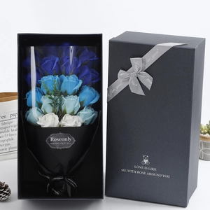Blue and white 18 soap roses gift box with black ribbon for Valentine's Day present