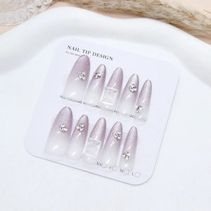 Handmade sheer purple cat eye press-on nails with sparkling rhinestones set of 10