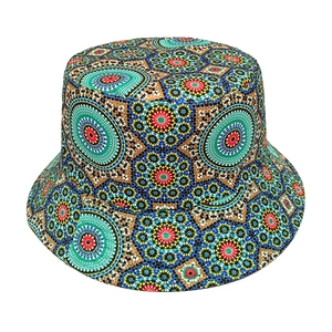 Detailed view of bohemian mandala pattern bucket hat with vibrant multicolor print