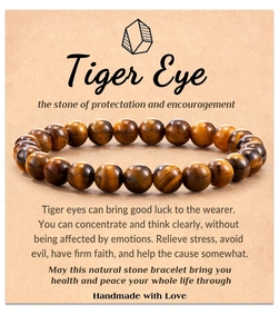 Detail of tiger eye stone bead bracelet on description card with handmade with love text