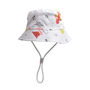 White kids bucket hat with colorful dinosaur cartoon prints and adjustable windproof strap