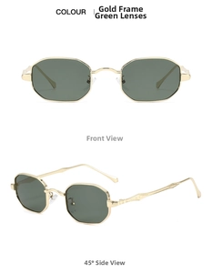 Front and 45-degree angle view of gold geometric octagon metal frame green sunglasses