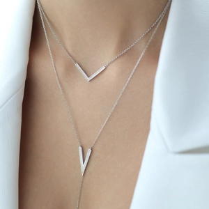 925 Sterling Silver V-shaped double layered necklace with sparkling cubic zirconia accents