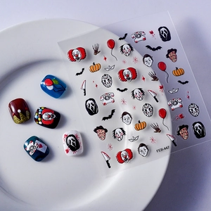 Halloween horror movie character nail art stickers featuring ghost and clown patterns