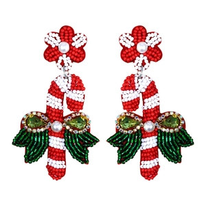 Detailed handmade seed bead candy cane earrings with red white green crystals and pearls