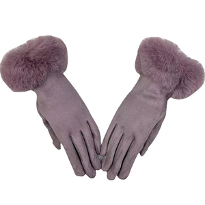 Purple thermal suede gloves for women with faux fur trim and cozy fleece lining