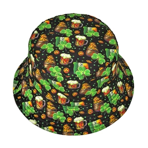 Black St. Patrick's Day bucket hat with green shamrock and gold coin pot prints