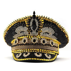 Bohemian captain hat with gold pyramid studs and black gemstones for festival party wear