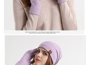 Detail of lavender knitted winter hat and gloves set with soft fleece lining and logo