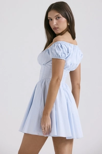 Detail view of light blue off-shoulder corset dress with pleated A-line silhouette