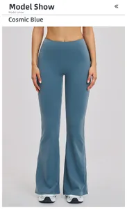 Front view of high waist yoga flare pants in cosmos blue matte elastic fabric