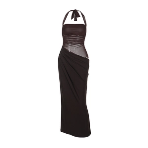 Deep brown halter neck mesh maxi dress with waist cut-out and draped ruched skirt design