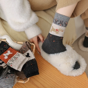 Detail of wool-blend winter socks featuring cartoon dog patterns and thick knit texture