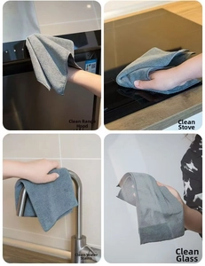 Absorbent microfiber cleaning cloth shown in four kitchen and bathroom cleaning scenarios