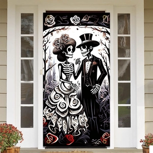 Halloween Day of the Dead door banner featuring a skeleton couple with floral decorations