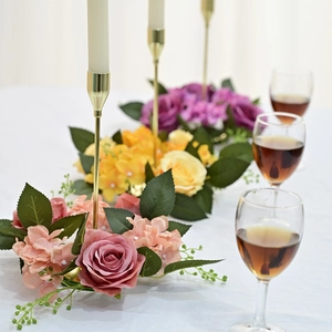 Silk rose candle ring wreath with gold metal holders for elegant wedding table decor
