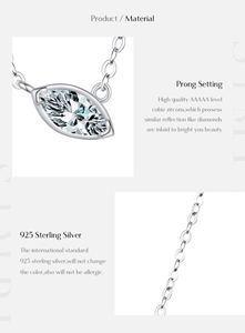 Detail of s925 sterling silver necklace with marquise-cut cubic zirconia in prong setting