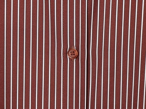 Macro detail of striped silk fabric with brown and white patterns and a dark button