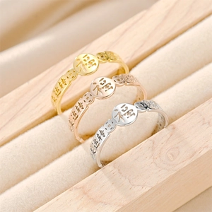 Detail of hollowed out Fu and Luck characters on titanium steel spinning rings