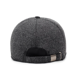 Rear view of grey tweed winter baseball cap with adjustable strap and metal buckle
