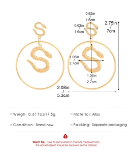 Detailed size chart of gold snake hoop earrings with scale texture and dimensions